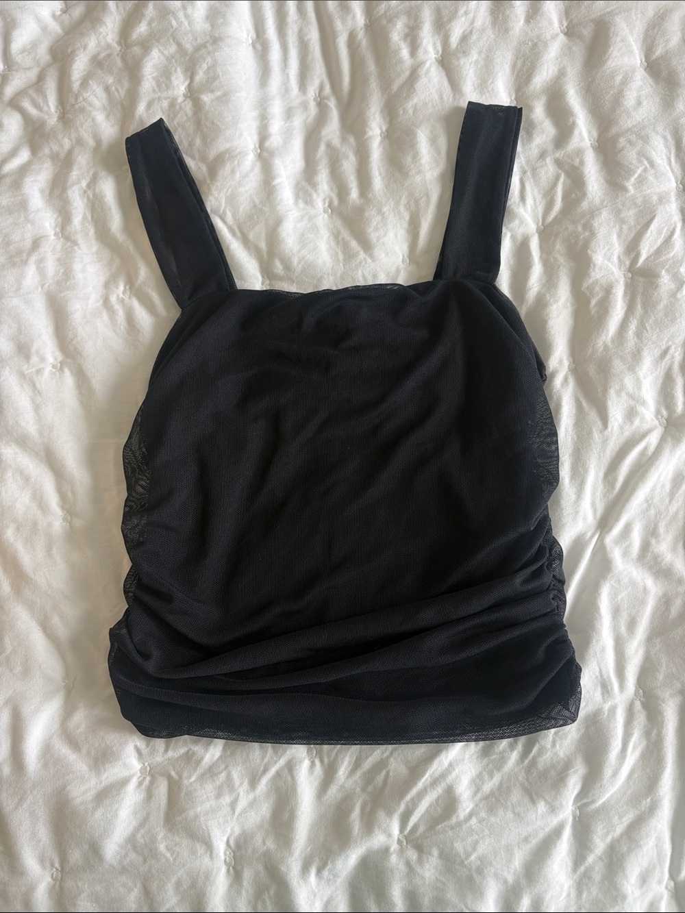 Ruched Square-Neck Black Tank Top with Wide Straps